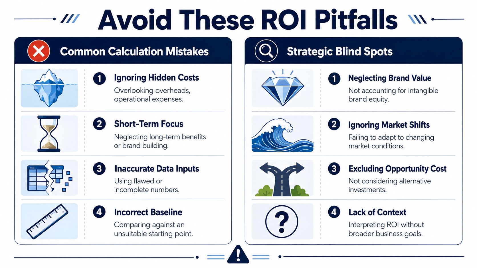 An infographic titled Avoid These ROI Pitfalls, displaying common calculation mistakes and strategic blind spots in business.