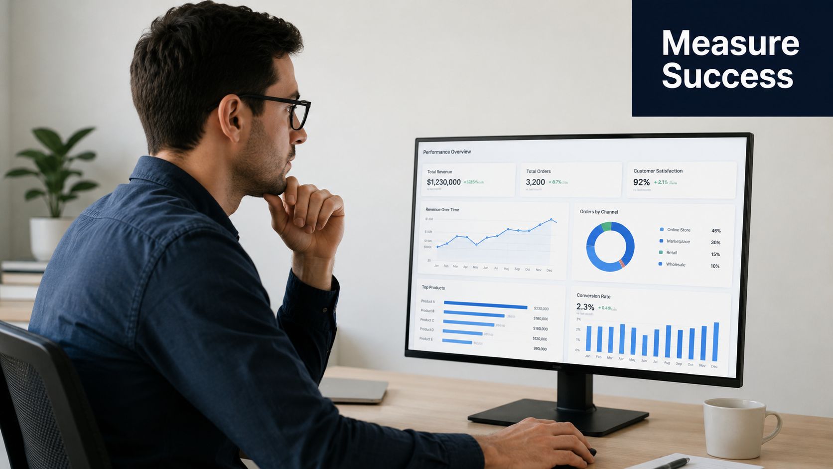 A professional analyzing business performance data and marketing metrics on a computer screen in an office.