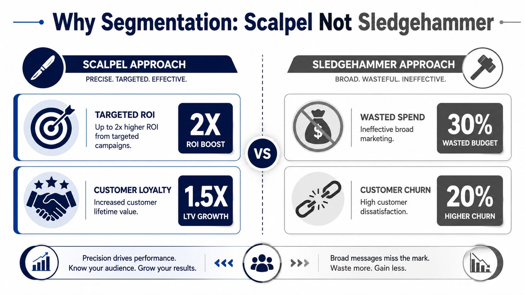 A marketing infographic comparing the precise Scalpel approach versus the wasteful Sledgehammer approach for customer market segmentation.