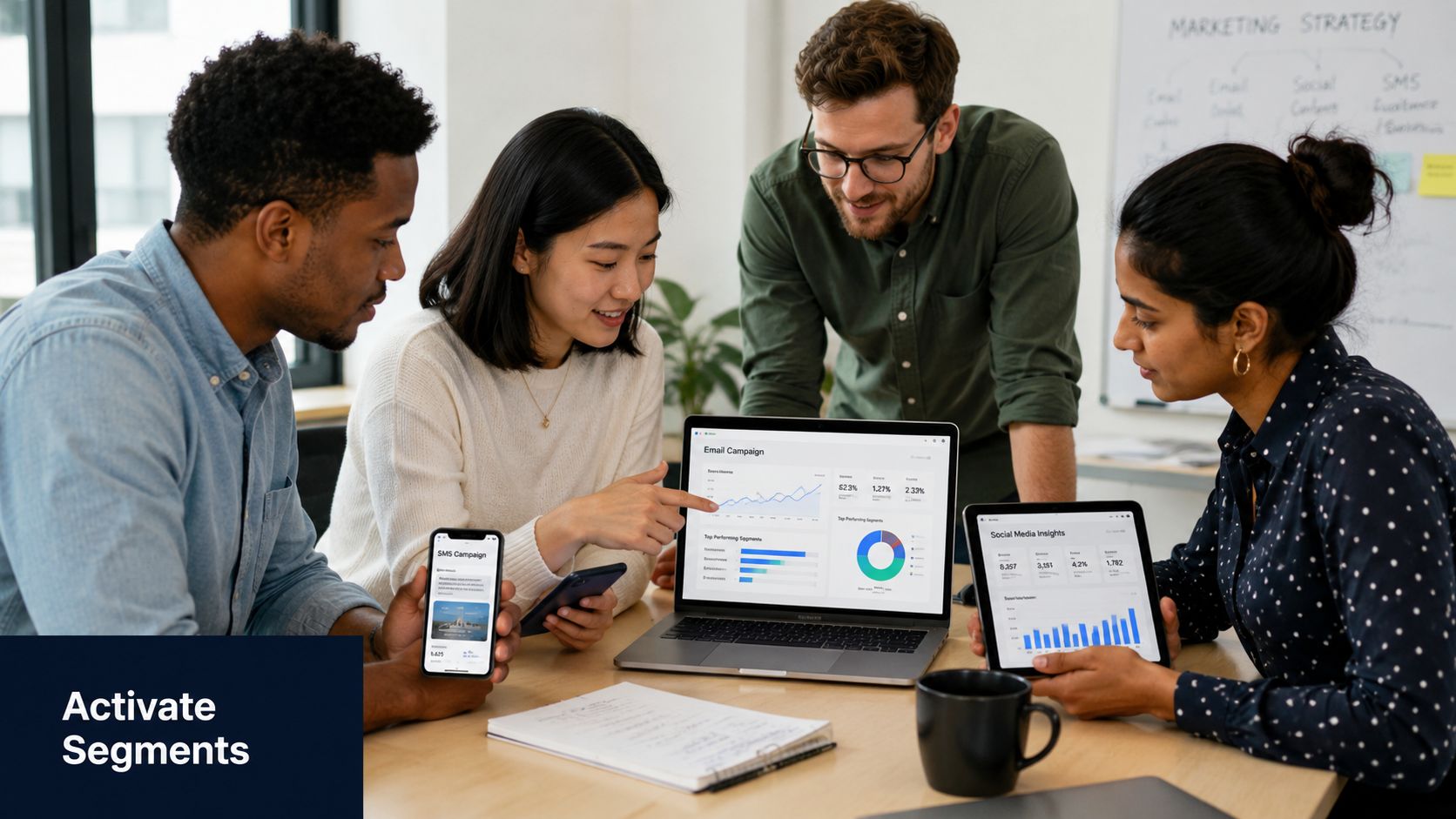 A diverse team of professionals analyzing marketing campaign data on laptops, tablets, and smartphones in an office.