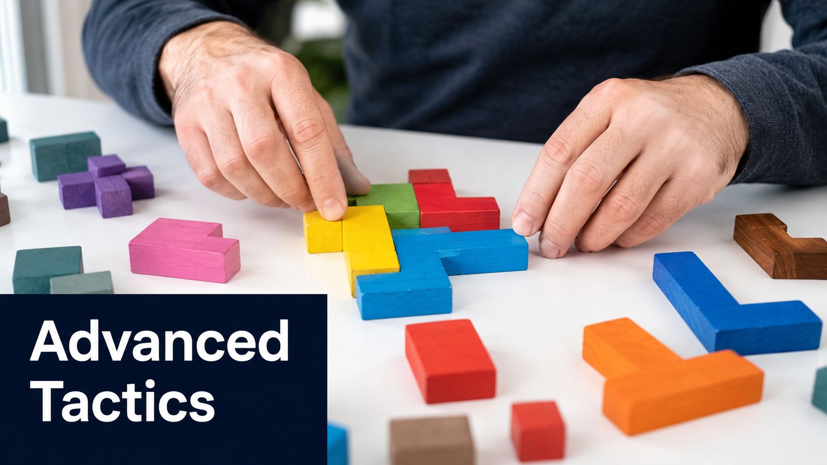 A person assembling colorful wooden block puzzle pieces on a clean white table, illustrating problem-solving and strategy.