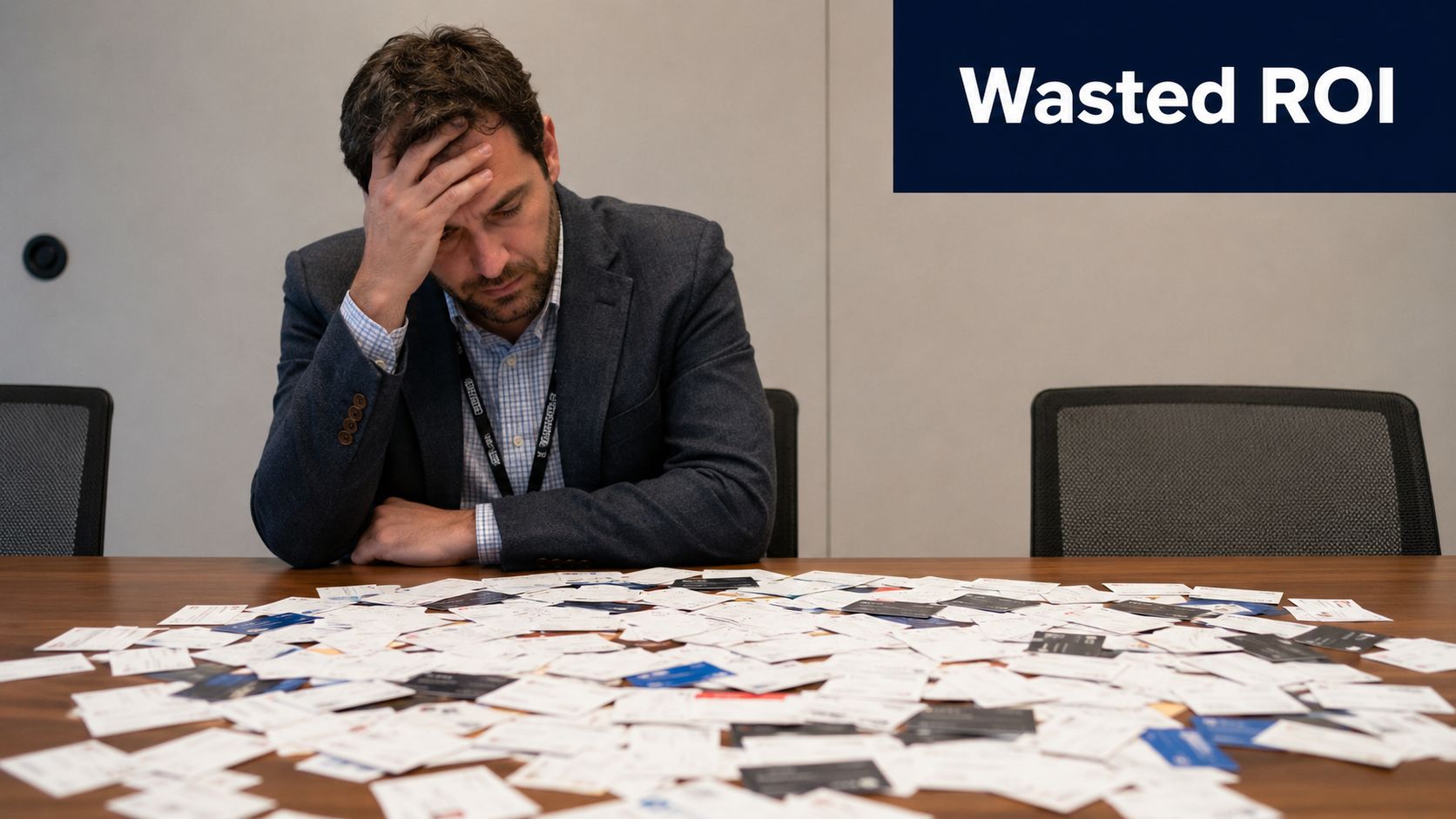 A frustrated businessman sits at a table covered in a large pile of scattered business cards.
