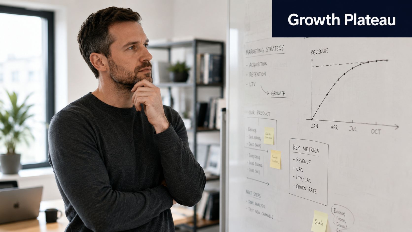 A professional man contemplating a whiteboard displaying a business revenue chart and growth strategy in an office.