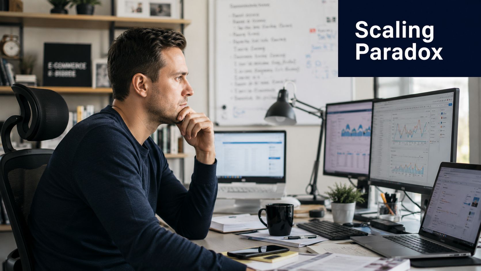 A focused man wearing a navy blue sweater deep in thought while working at his modern desk.