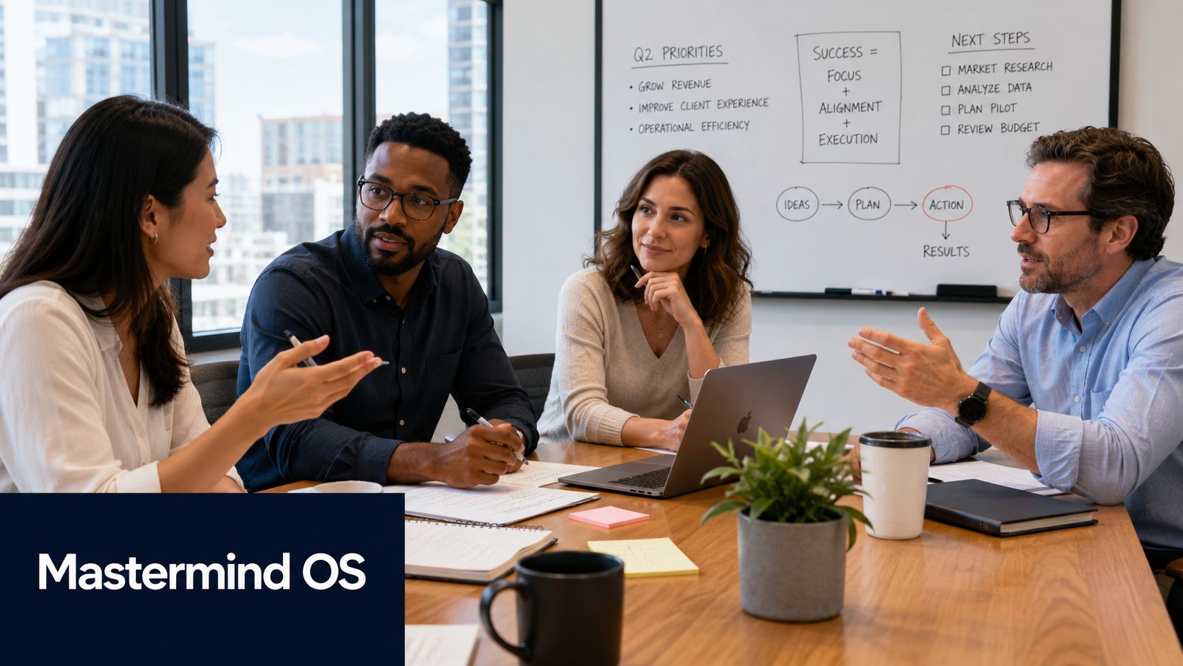 A diverse team of professionals collaborating and brainstorming strategy during a business meeting in an office.
