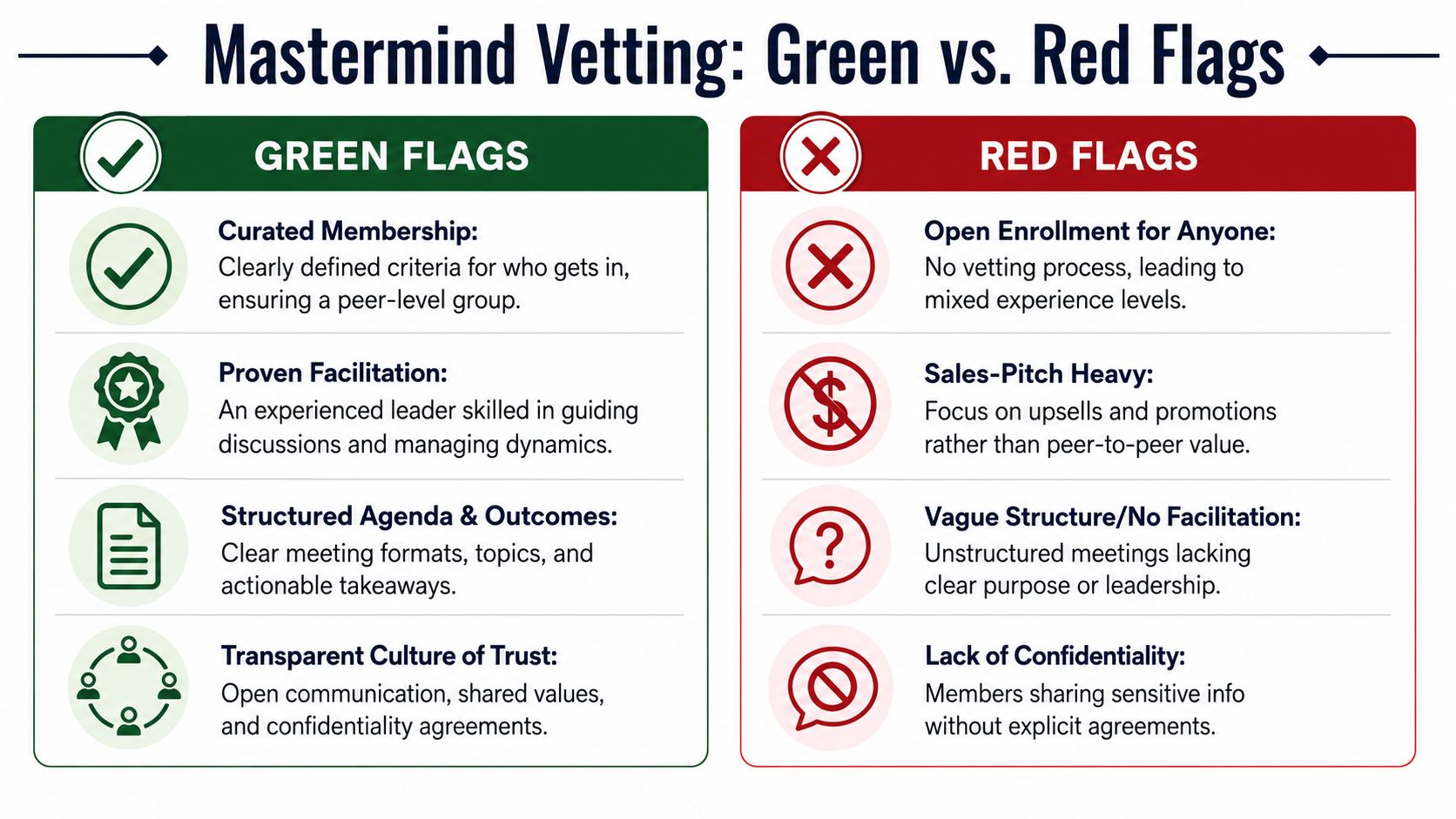 An infographic comparing green flags and red flags to consider when vetting a business mastermind group.