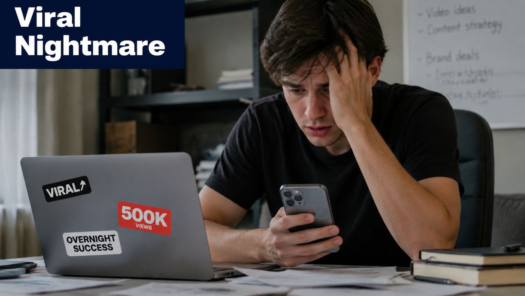 A stressed man looking at his smartphone with a laptop labeled with viral content stickers in the background.
