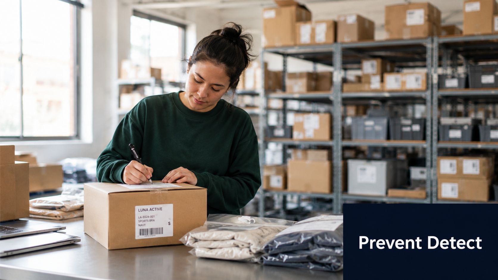 A woman working in a warehouse packing products into boxes for the TikTok seller community.