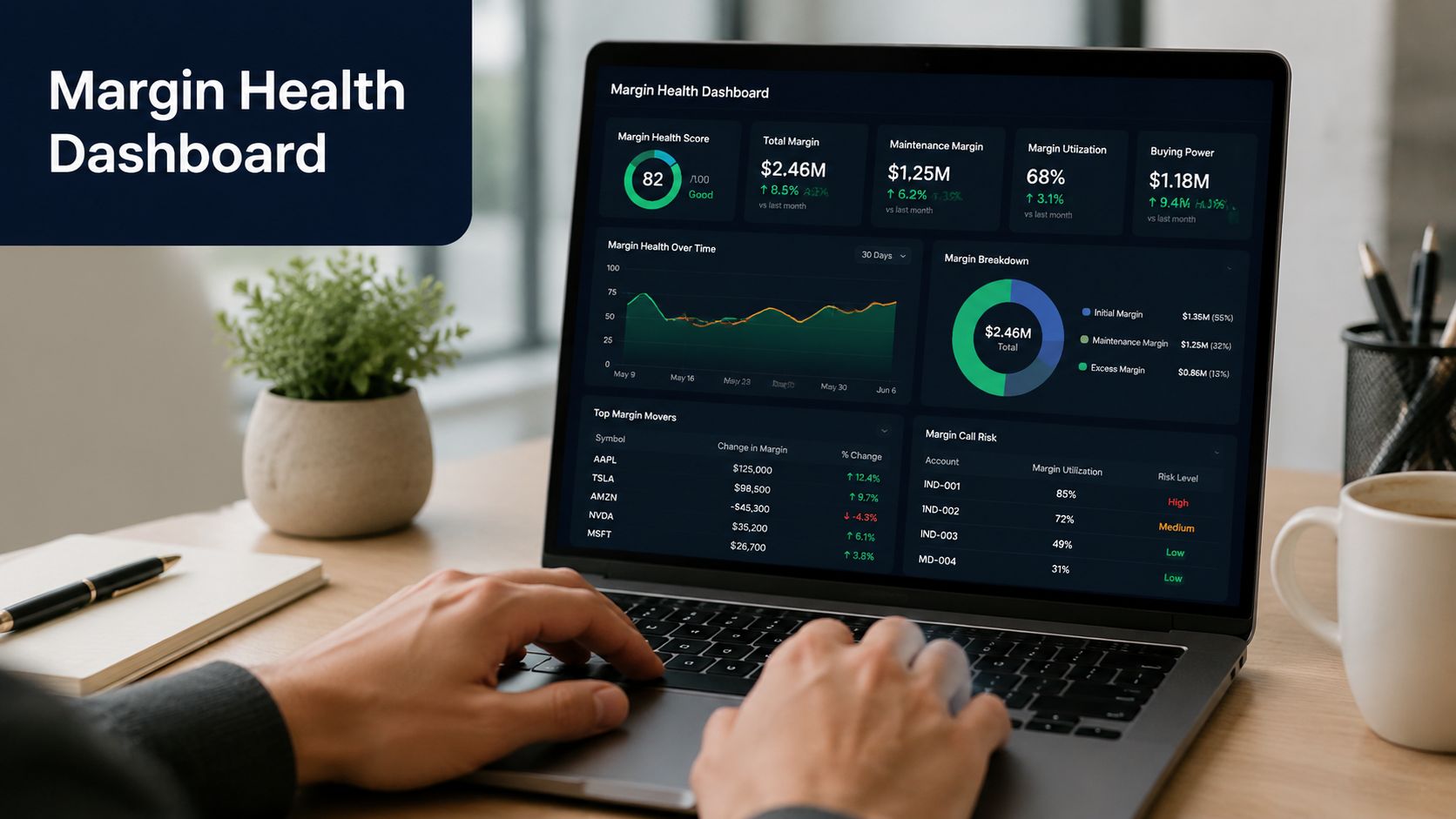 A person using a laptop displaying a financial margin health dashboard with various market data charts.