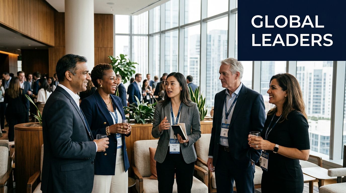 A diverse group of professional global leaders networking and engaging in conversation at a corporate event.