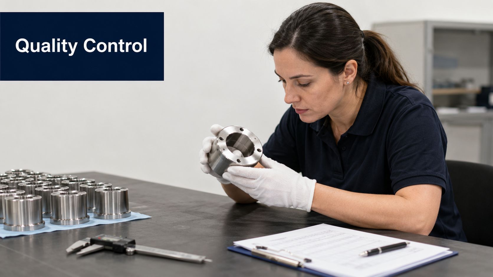 A female quality control inspector wearing white gloves examines a metal mechanical part at a workstation.