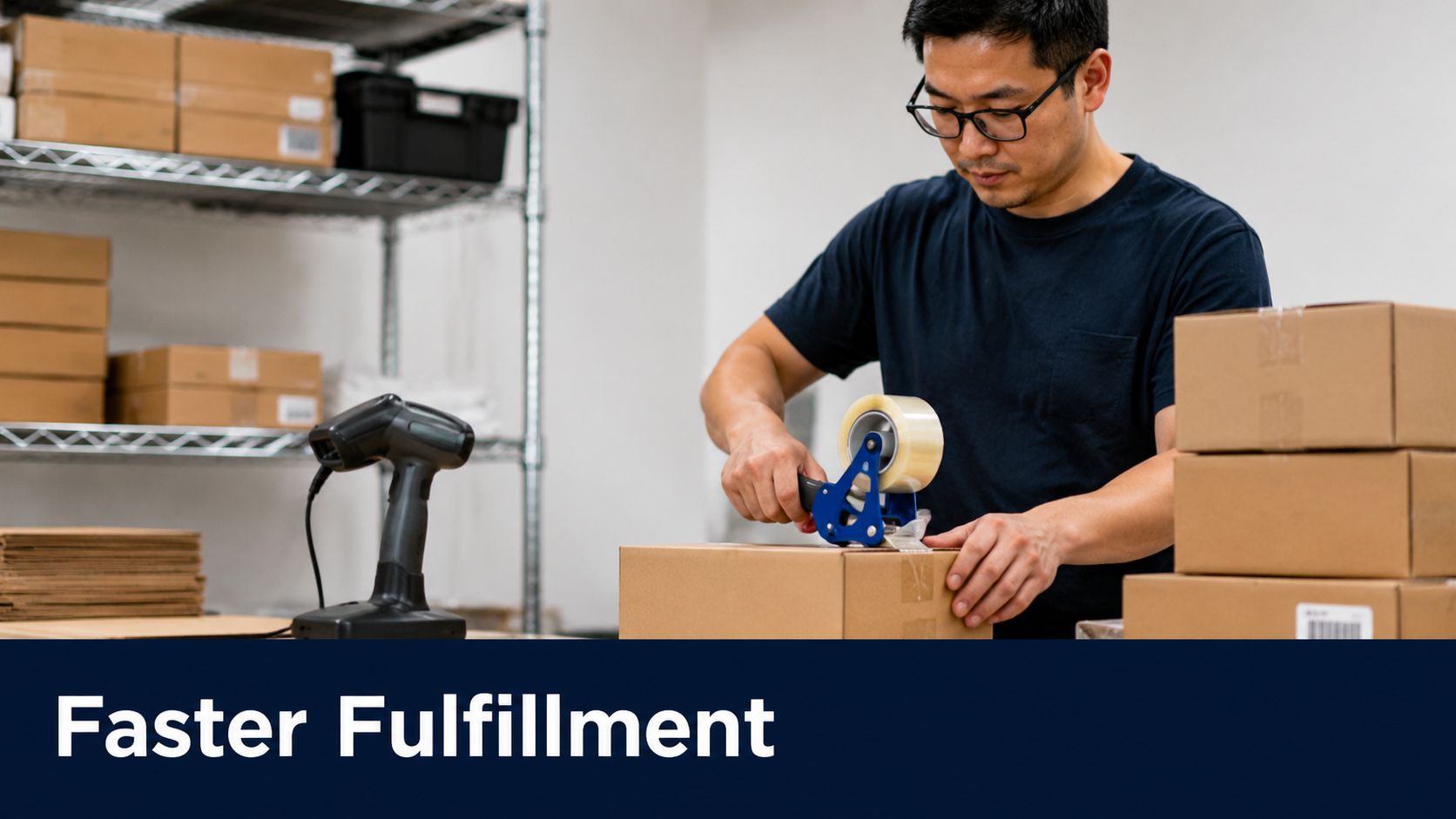 An Asian warehouse worker using a tape gun to seal a cardboard shipping box for customer delivery.