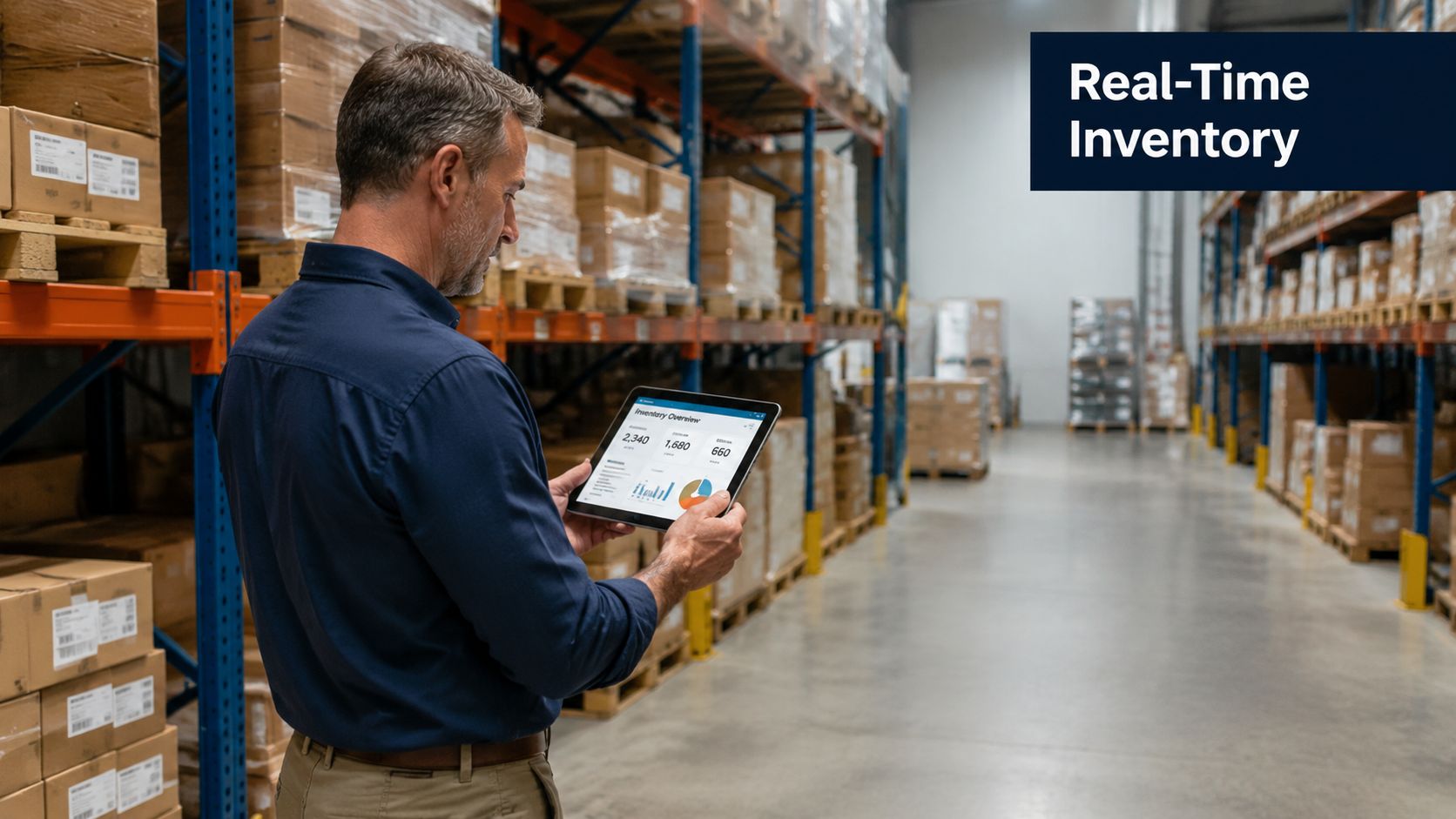 A professional warehouse manager holding a tablet to check real-time inventory levels amidst large storage racks.