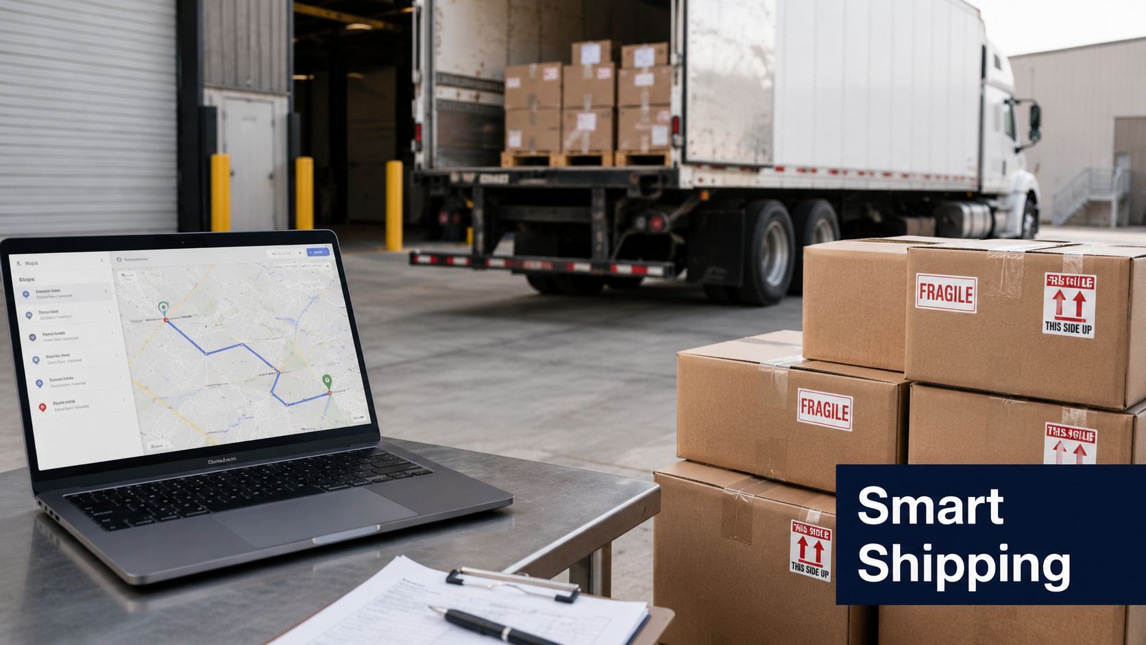 A laptop displays a delivery route map next to cardboard boxes stacked near a cargo truck.