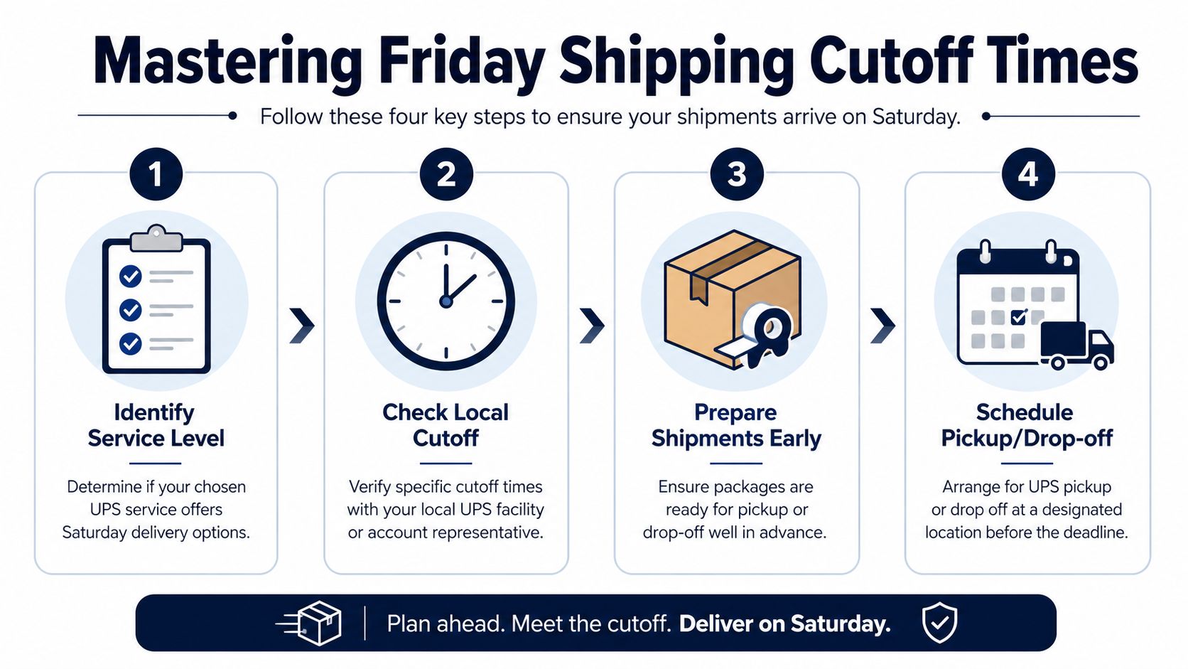 An infographic titled Mastering Friday Shipping Cutoff Times with four steps for ensuring Saturday UPS delivery.