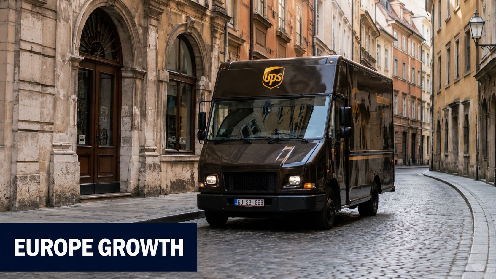 A brown UPS delivery truck driving down a narrow, cobblestone European street lined with historical buildings.
