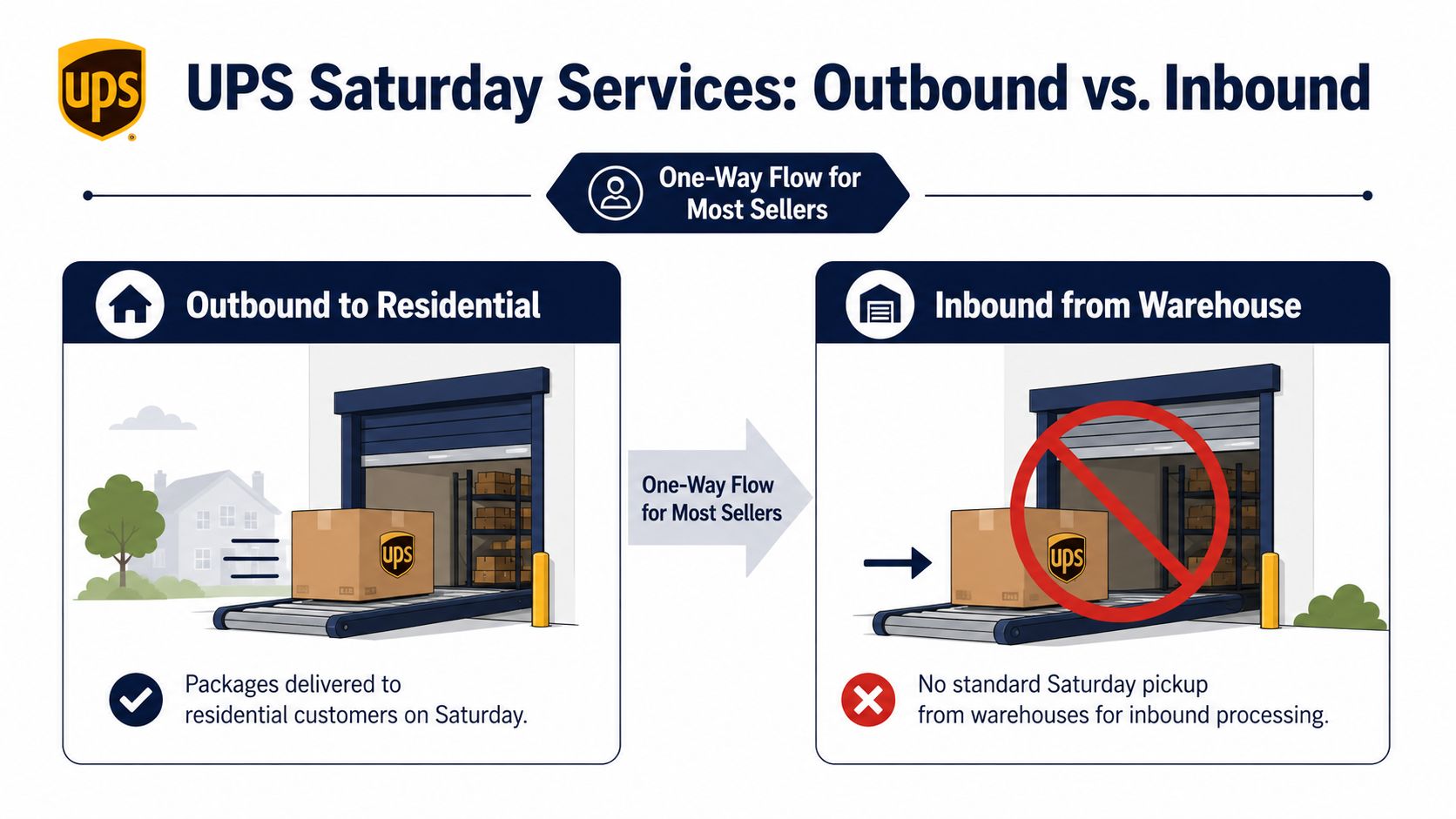 An infographic illustrating UPS Saturday services, showing deliveries to residential homes are available while warehouse pickups are not.