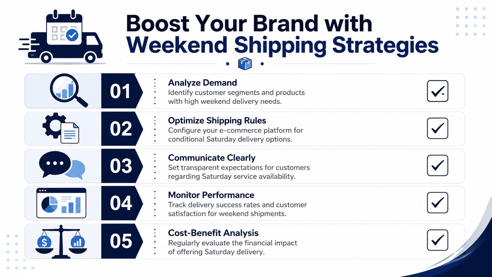 An infographic titled Boost Your Brand with Weekend Shipping Strategies featuring five actionable steps for ecommerce businesses.