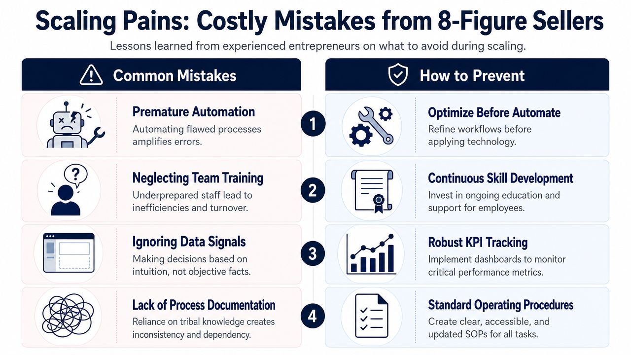 An infographic listing four common business scaling mistakes alongside practical solutions to prevent them during growth.