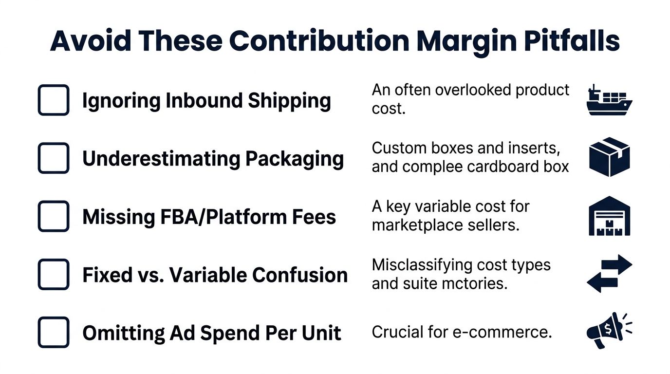 A checklist infographic titled Avoid These Contribution Margin Pitfalls, listing five common e-commerce financial mistakes.