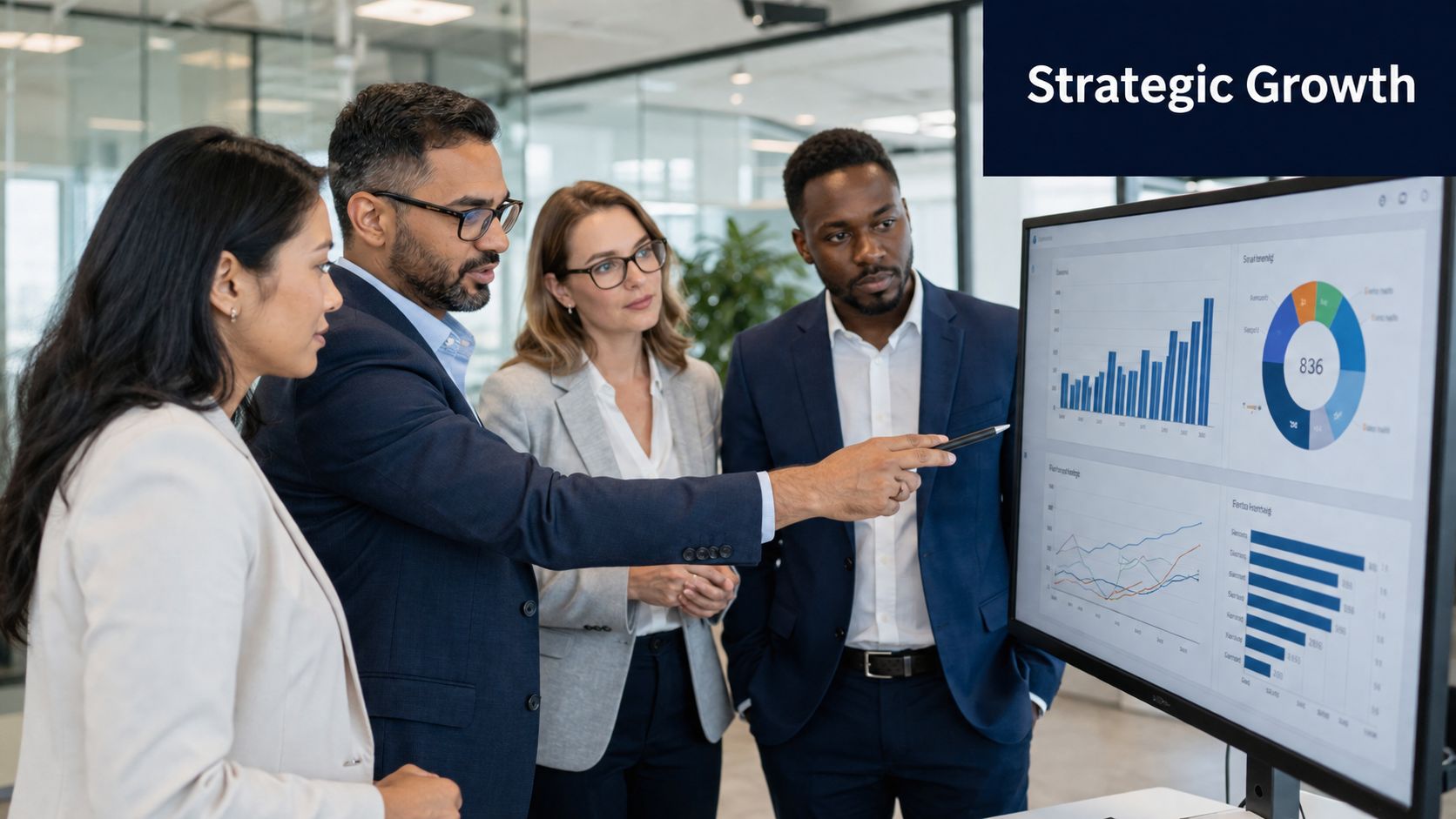 A diverse business team collaborating and analyzing growth charts on a large digital monitor in an office.