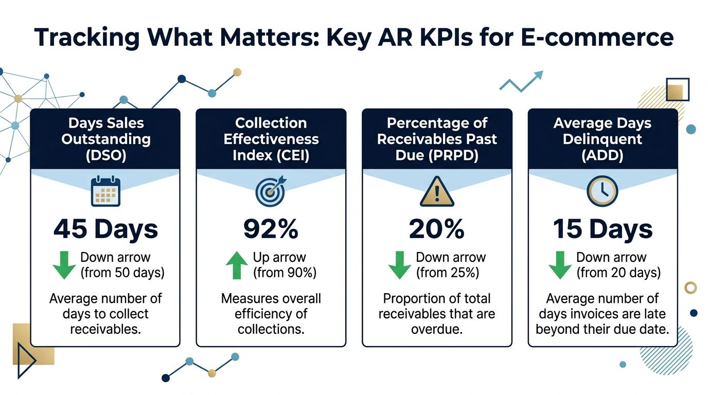 A business infographic displaying four key Accounts Receivable KPIs for e-commerce, including DSO, CEI, PRPD, and ADD metrics.