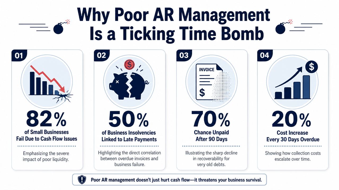 An infographic illustrating how poor accounts receivable management acts as a dangerous threat to business financial health.