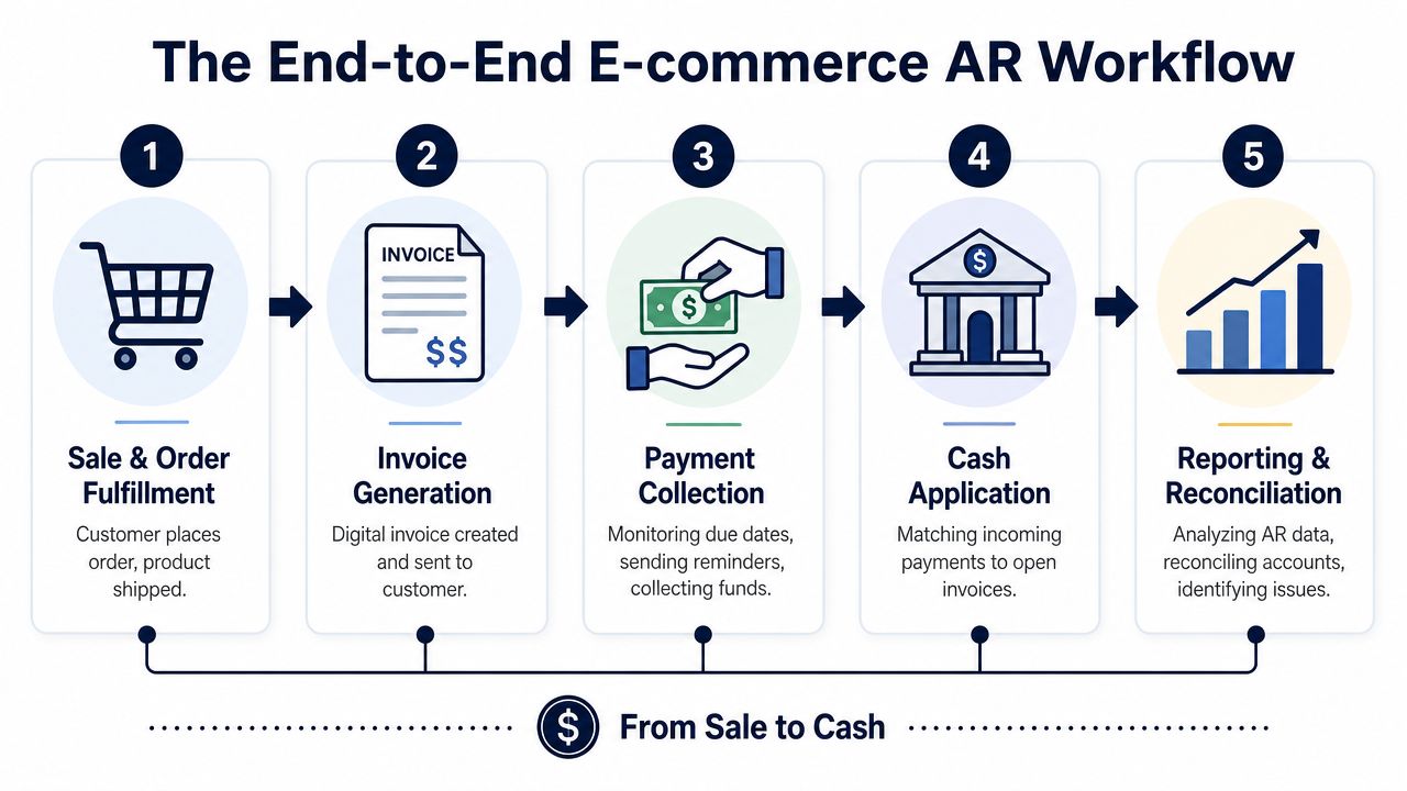 A five-step flowchart illustrating the end-to-end e-commerce accounts receivable workflow from sale to final cash reconciliation.