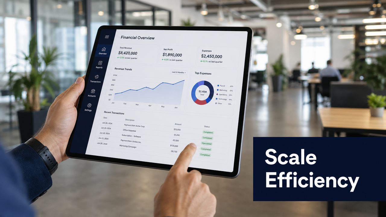 A person using a tablet to view a business financial dashboard displaying revenue trends and expense reports.