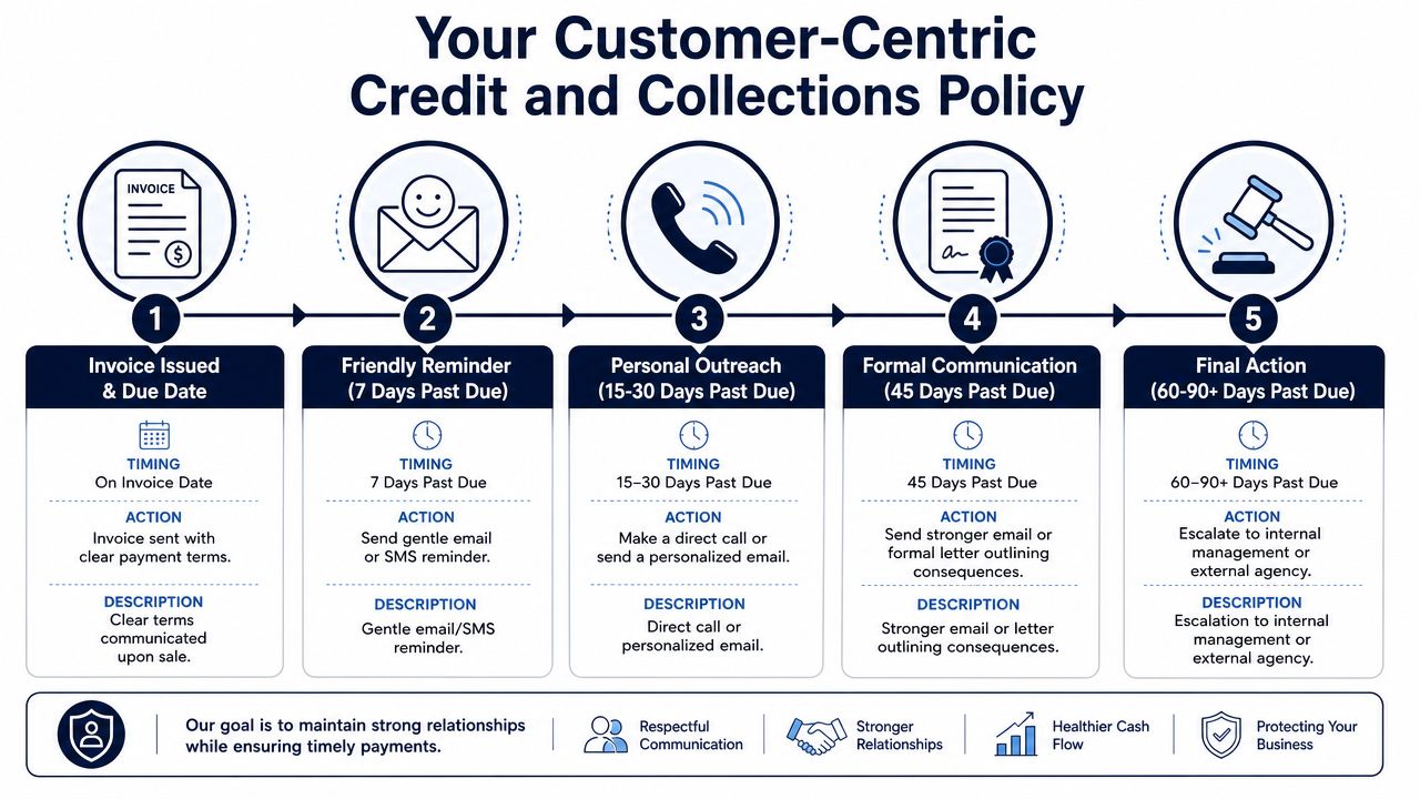 An infographic showing a five-step customer-centric credit and collections policy process from invoice issuance to final action.
