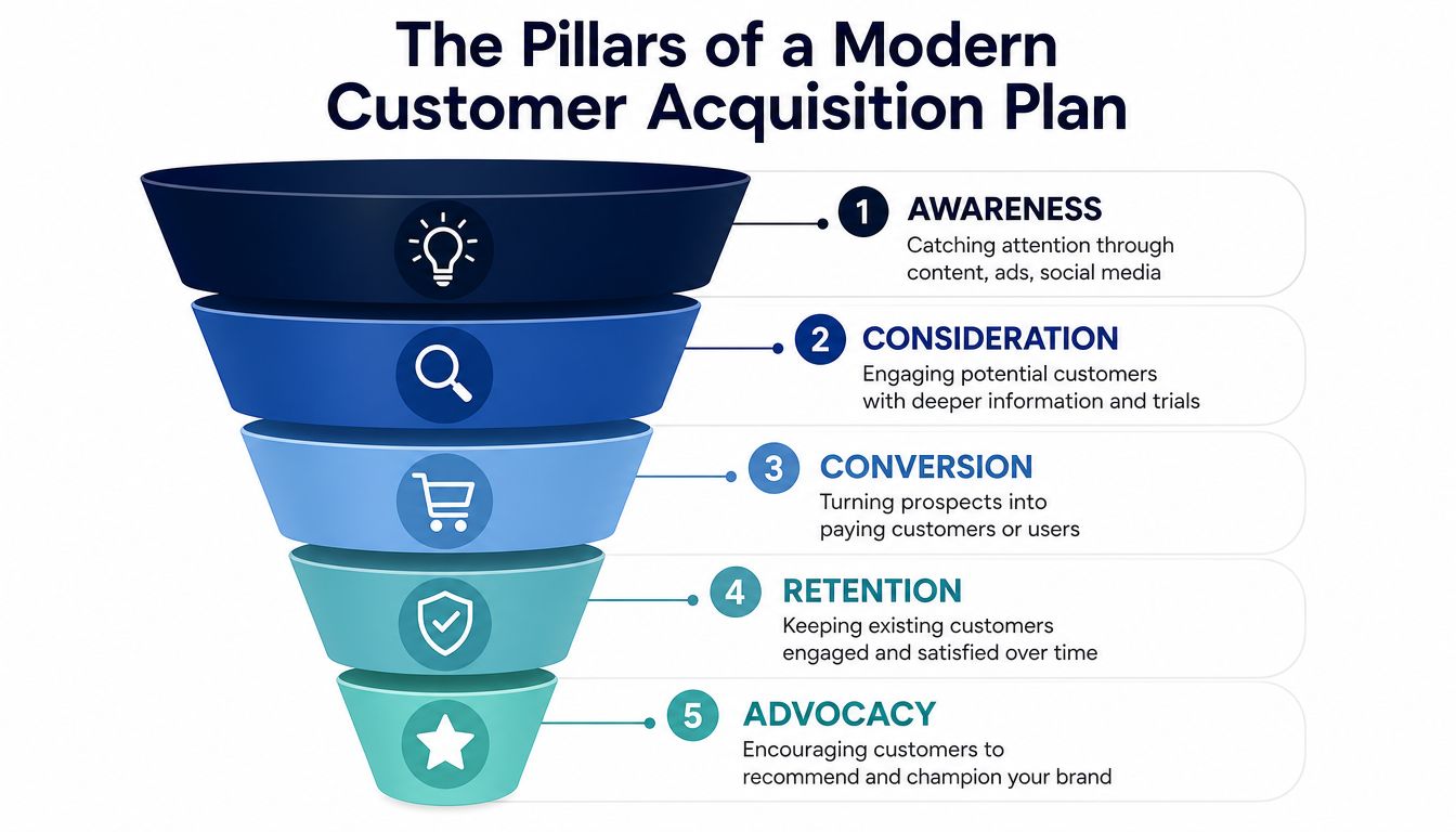 A five-stage customer acquisition funnel chart showing the journey from brand awareness to customer advocacy.