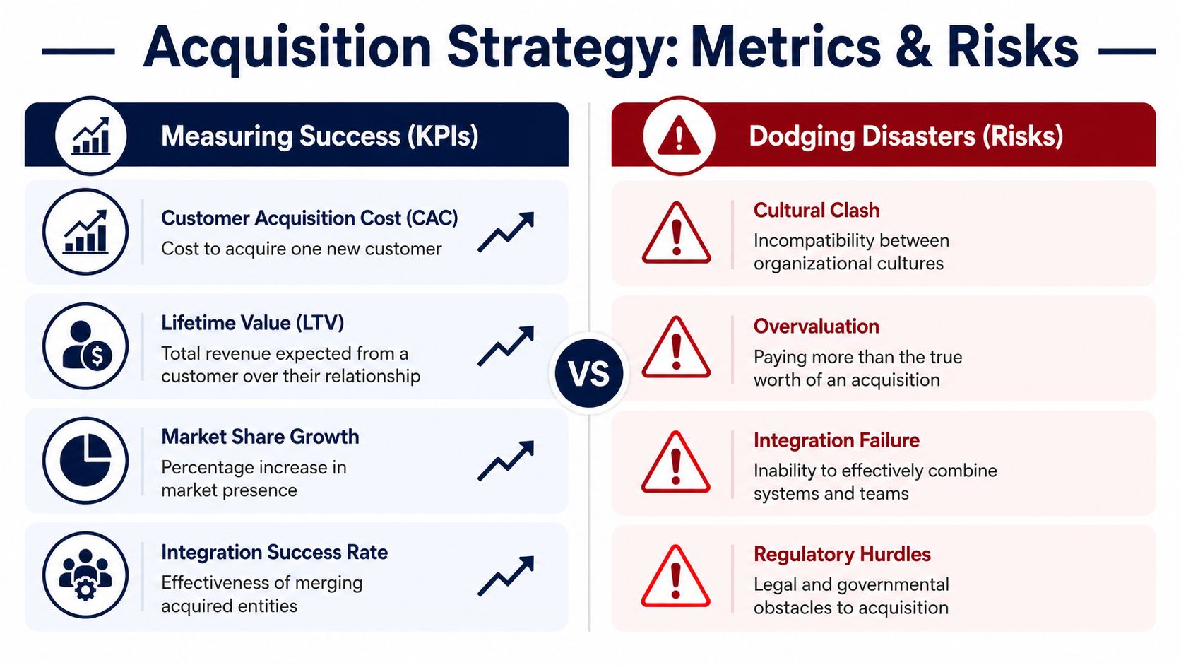 A business infographic comparing key acquisition strategy metrics like CAC and LTV against common risks like cultural clash.