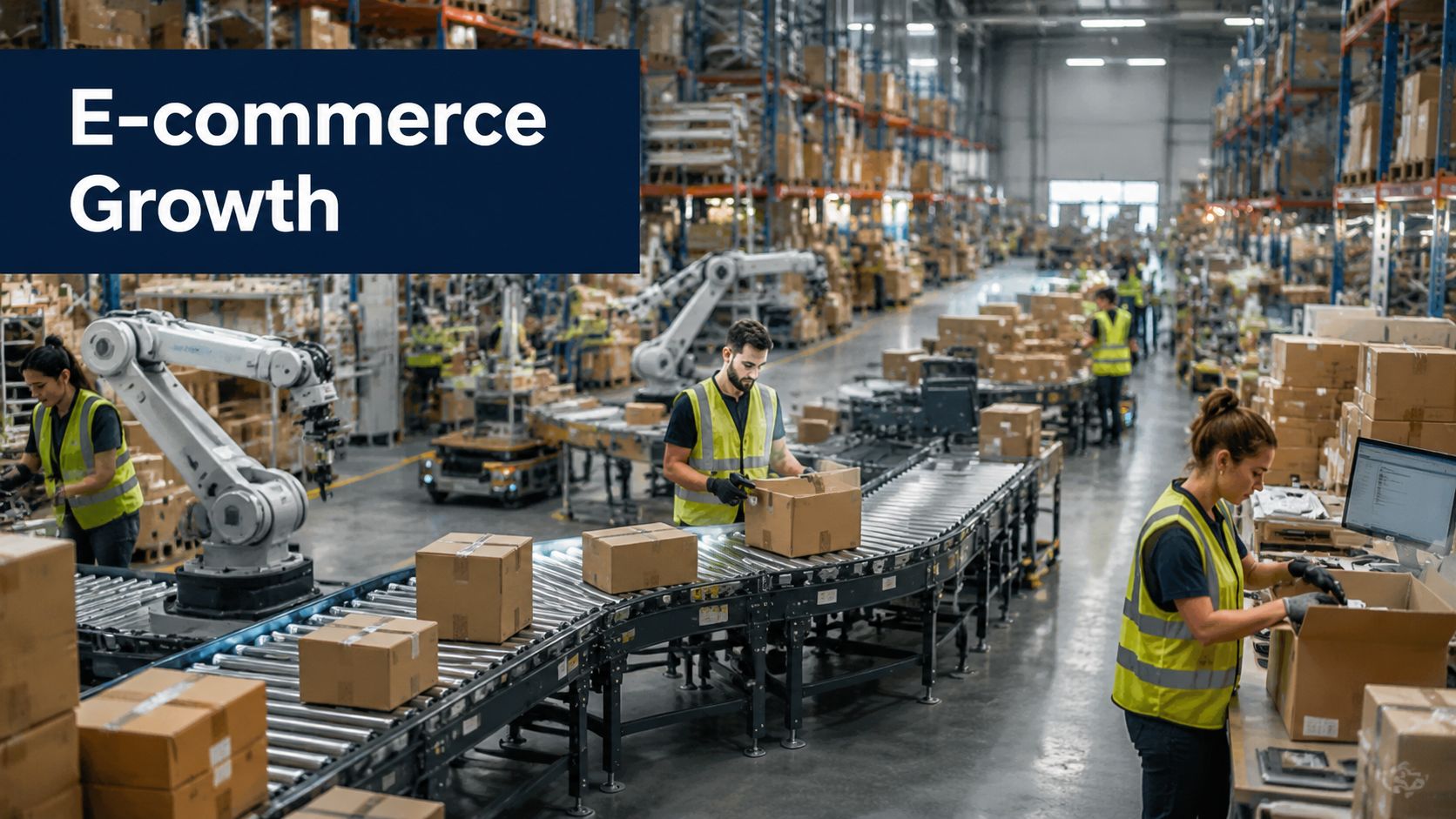 Warehouse workers and robotic arms working together to process and pack orders in a modern facility.