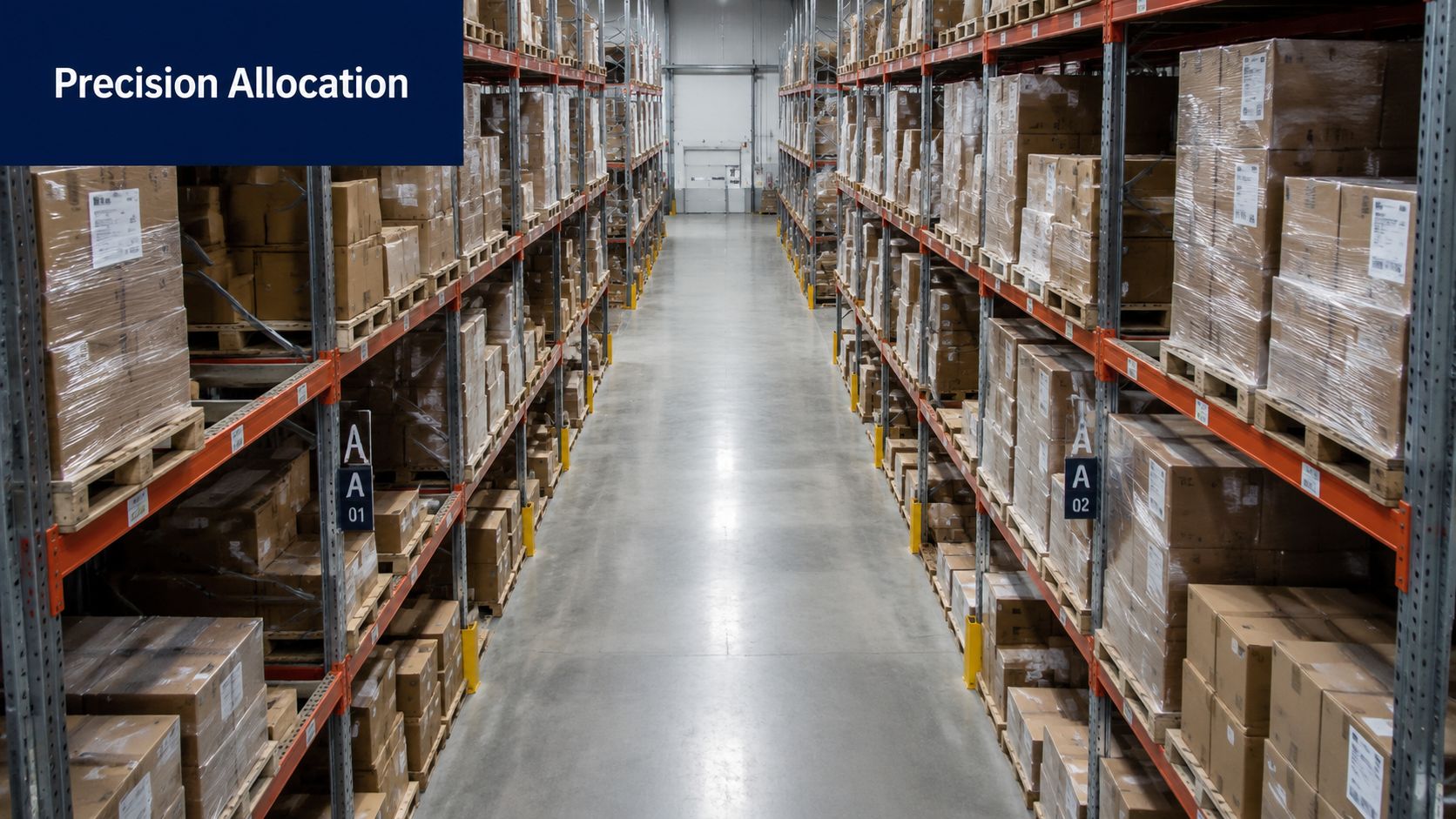 An aisle in a large modern warehouse with tall metal shelves stacked high with goods in boxes.