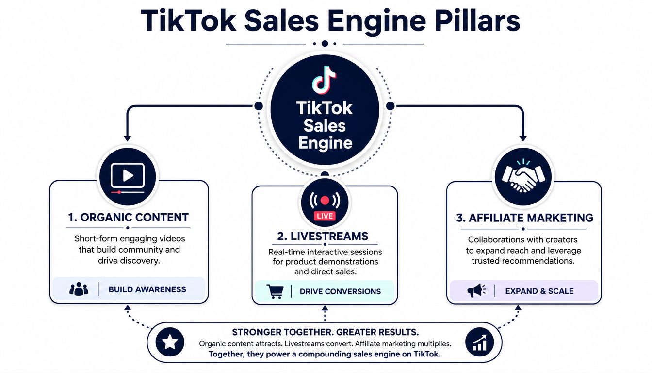 A diagram illustrating the three pillars of the TikTok Sales Engine: organic content, livestreams, and affiliate marketing.