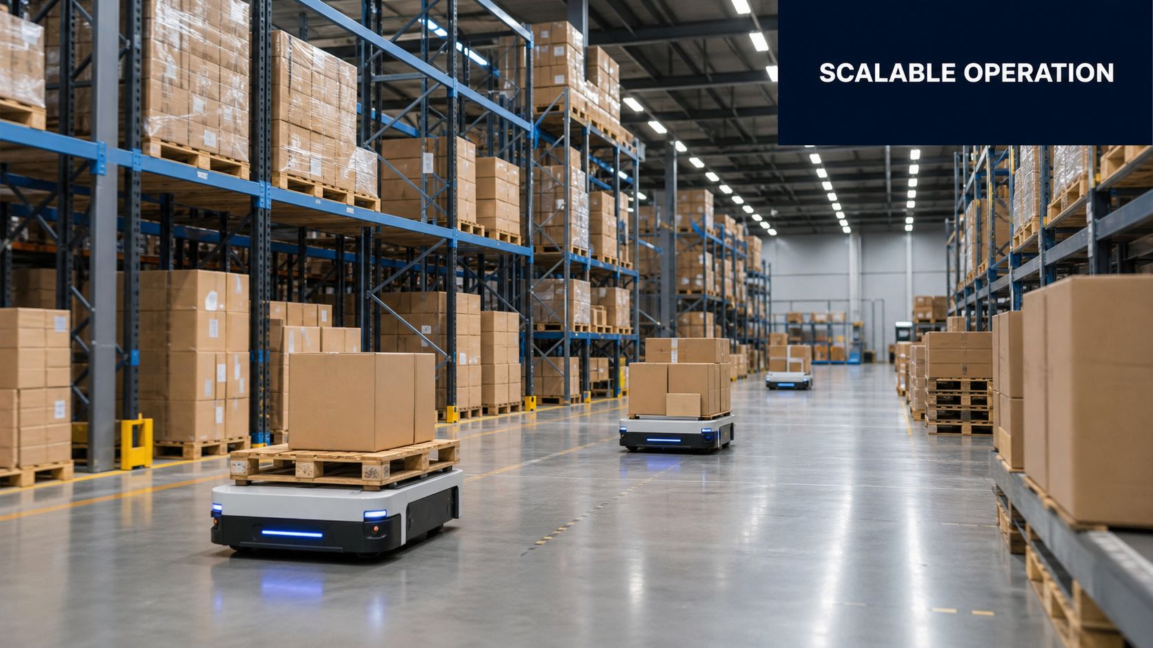 Autonomous mobile robots transporting cardboard boxes on pallets within a large, modern automated industrial warehouse facility.