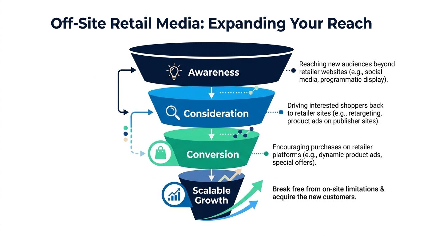 A marketing funnel diagram showing stages of off-site retail media for expanding customer reach and growth.
