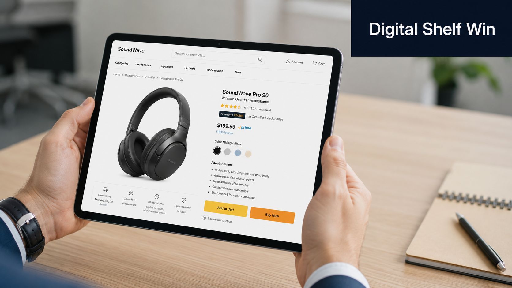 A professional holding a tablet displaying an e-commerce product page for SoundWave Pro 90 wireless over-ear headphones.