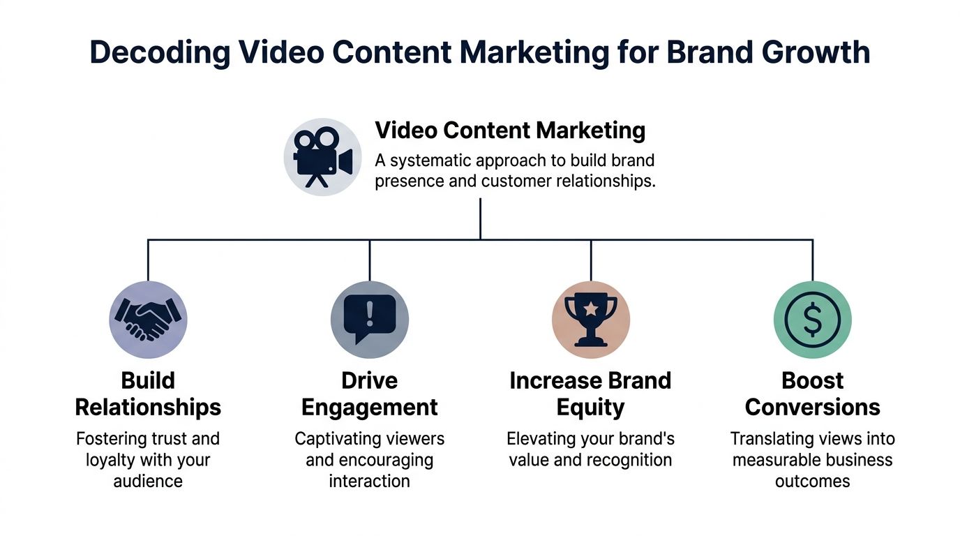 A diagram explaining video content marketing for brand growth with four key strategies and their definitions.