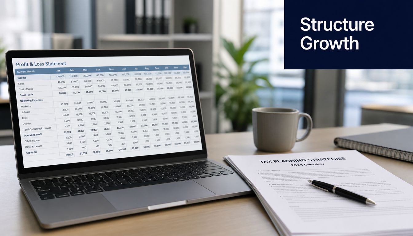 A laptop displaying a profit and loss statement alongside a tax planning document on an office desk.
