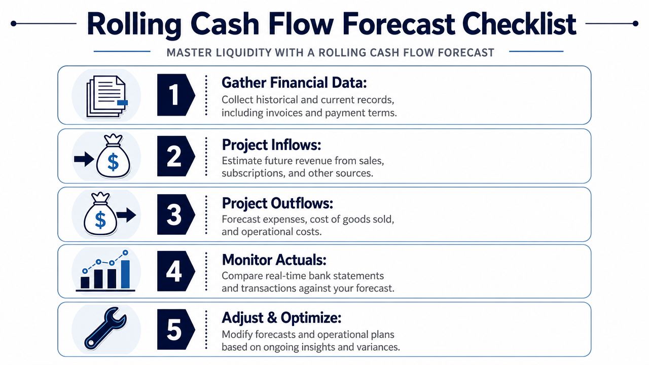 A five-step infographic checklist for creating a rolling cash flow forecast to improve business liquidity management.