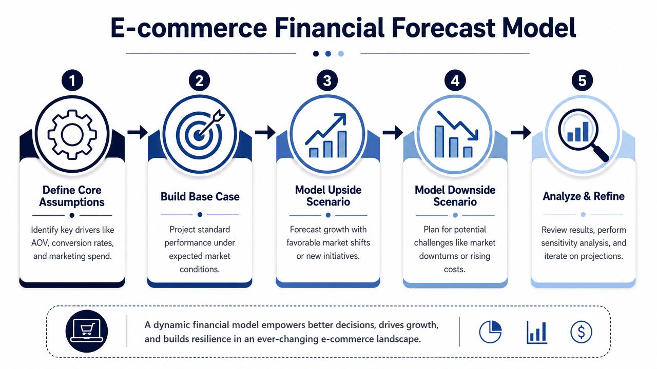 A five-step process diagram illustrating how to create an e-commerce financial forecast model for business growth.