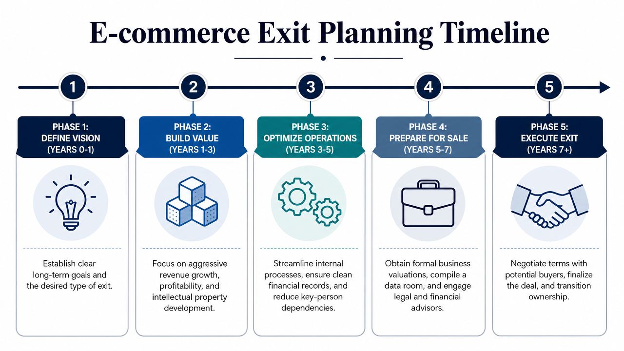 A five-phase E-commerce Exit Planning Timeline chart illustrating the multi-year process from goal definition to final sale.