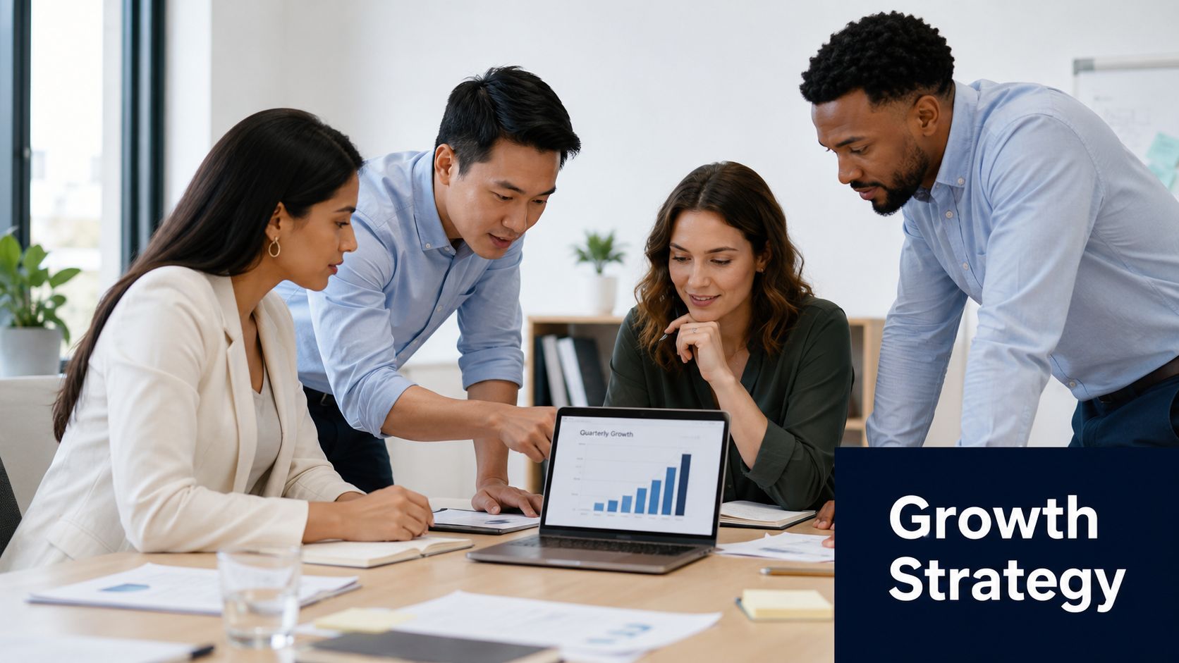 A diverse group of business professionals discussing a quarterly growth chart on a laptop in an office.