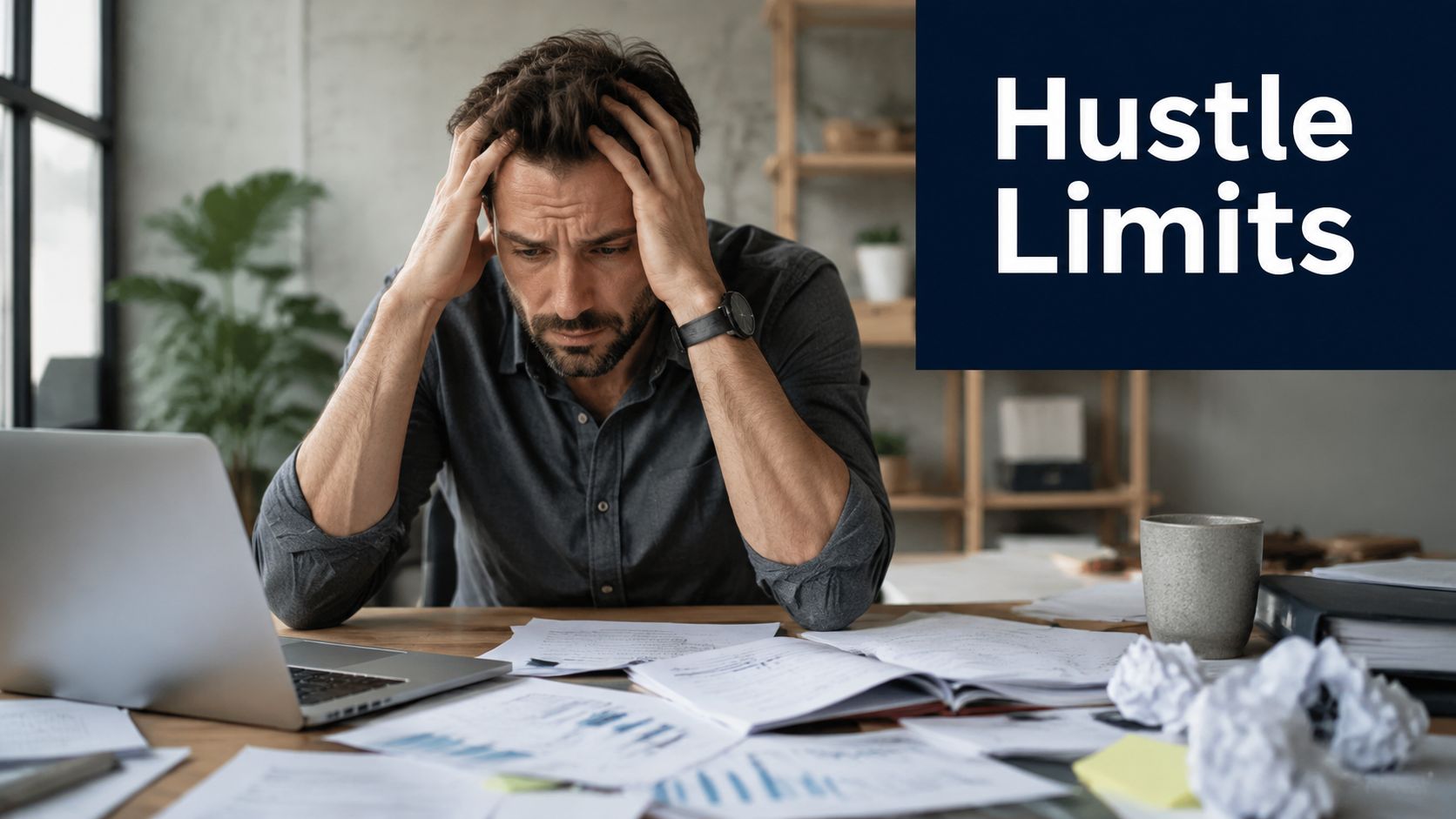 A stressed man sitting at a desk with a laptop and scattered papers during intense work