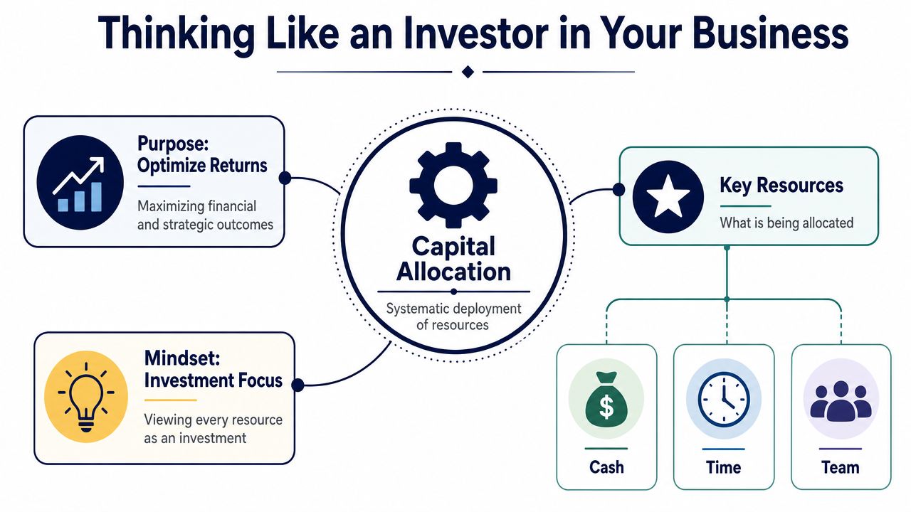 A diagram illustrating the concept of capital allocation as a systematic deployment of cash, time, and team resources.