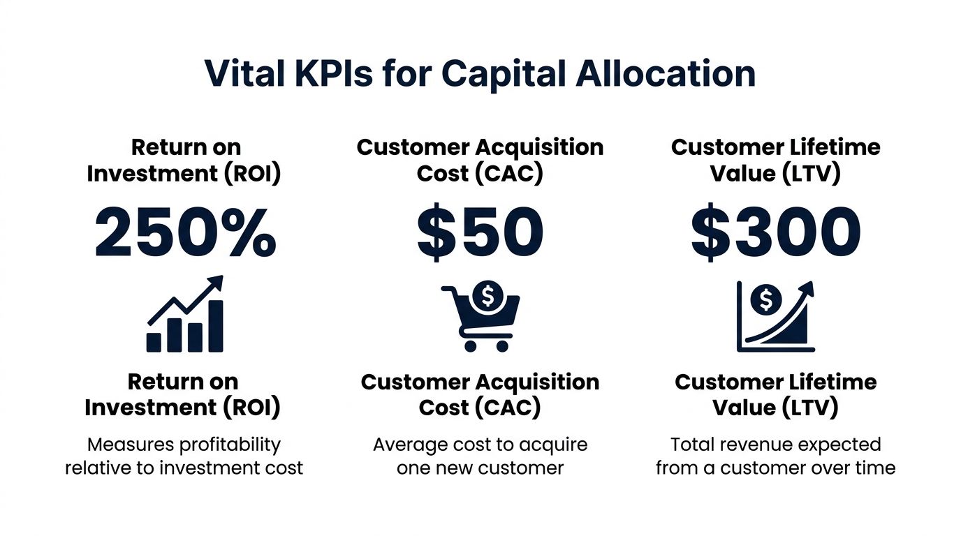 A business infographic displaying three vital KPIs for capital allocation: ROI of 250%, CAC of $50, and LTV of $300.