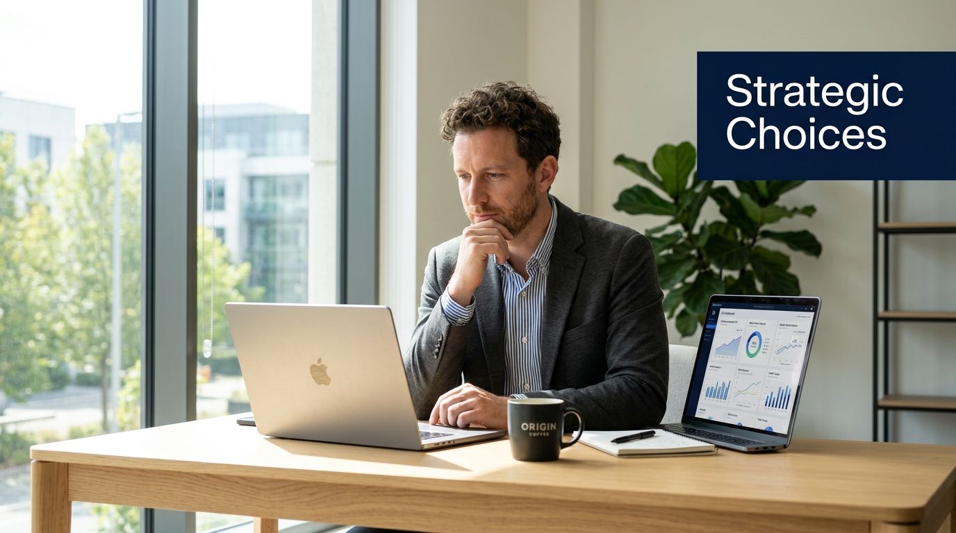 A professional man thinking while working on two laptops at a bright modern office desk.