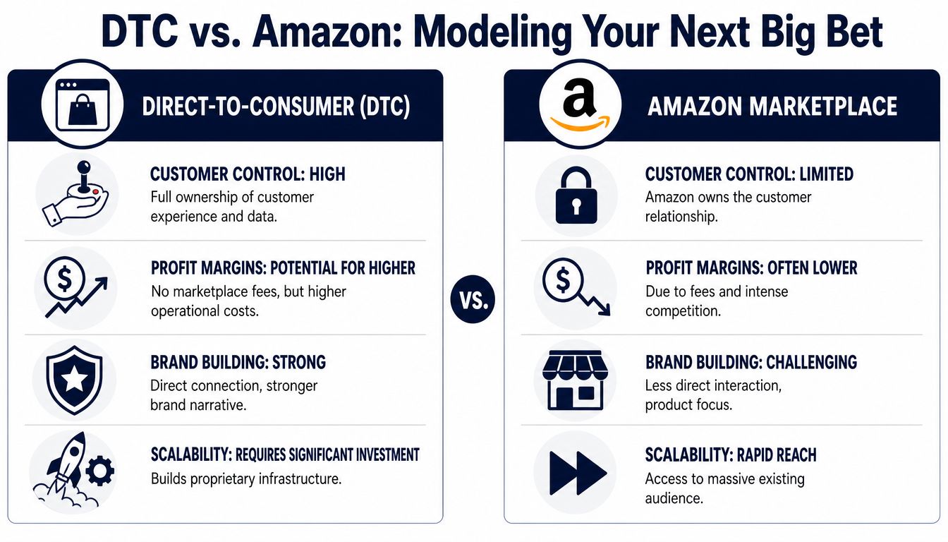 A comparison chart showing the differences between Direct-to-Consumer business models and selling on the Amazon Marketplace.