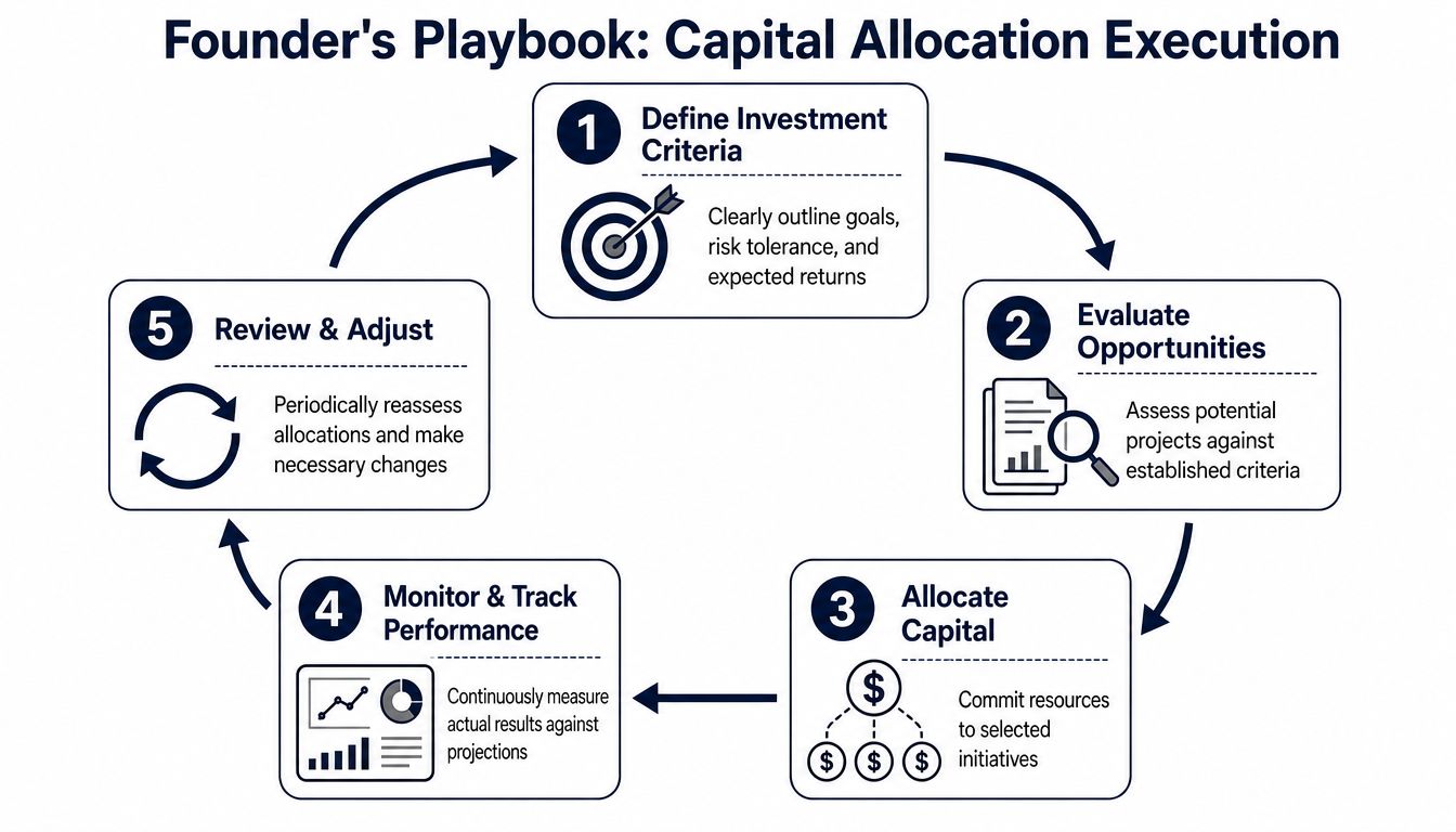 A circular process diagram showing five steps for founder capital allocation execution, including planning, evaluation, and monitoring.